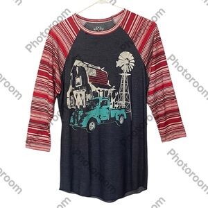 Crazy Train Raglan 3/4 Sleeve T Shirt truck, barn, and windmill Size Small